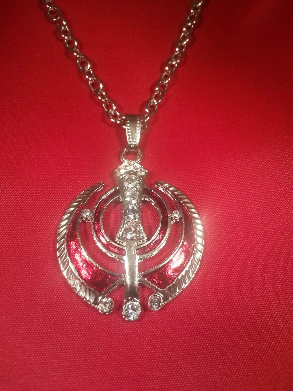 Protection amulet silver plated stunning diamonte sikh singh khanda red or black