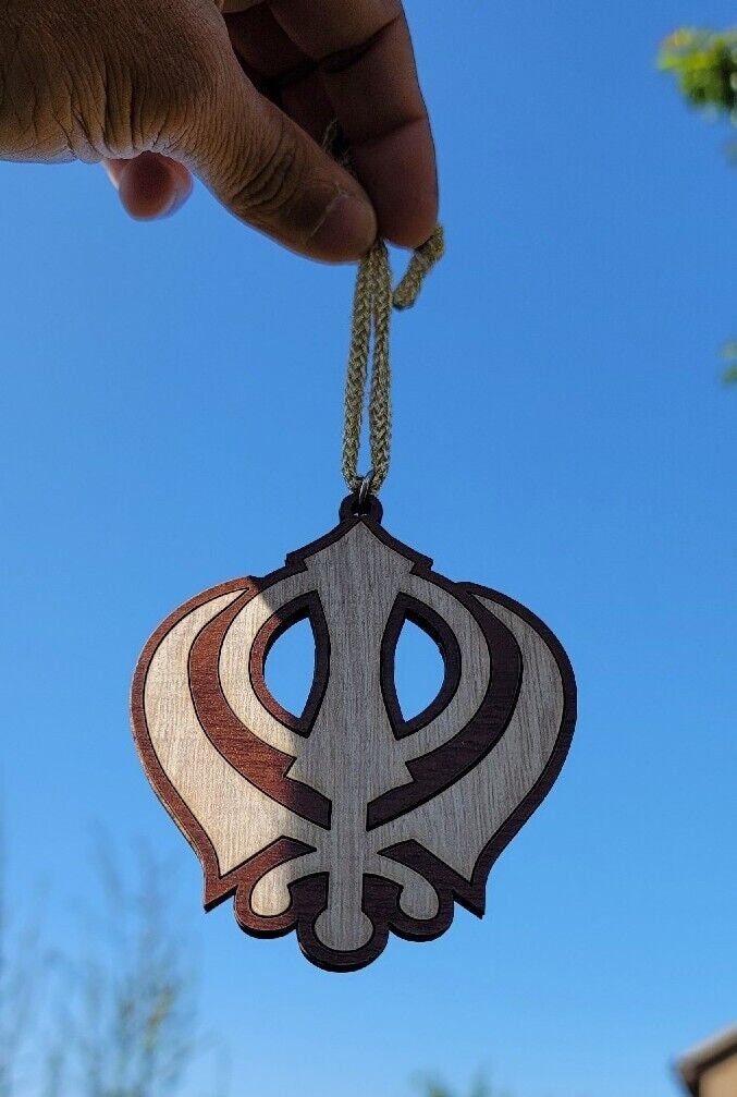 Wooden khanda car hanger punjabi sikh kaur stunning evil protection pendant cc11