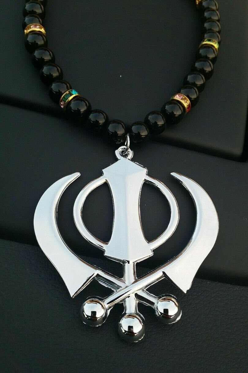 Silver plated punjabi large sikh khanda pendant car rear mirror hanging mala m1