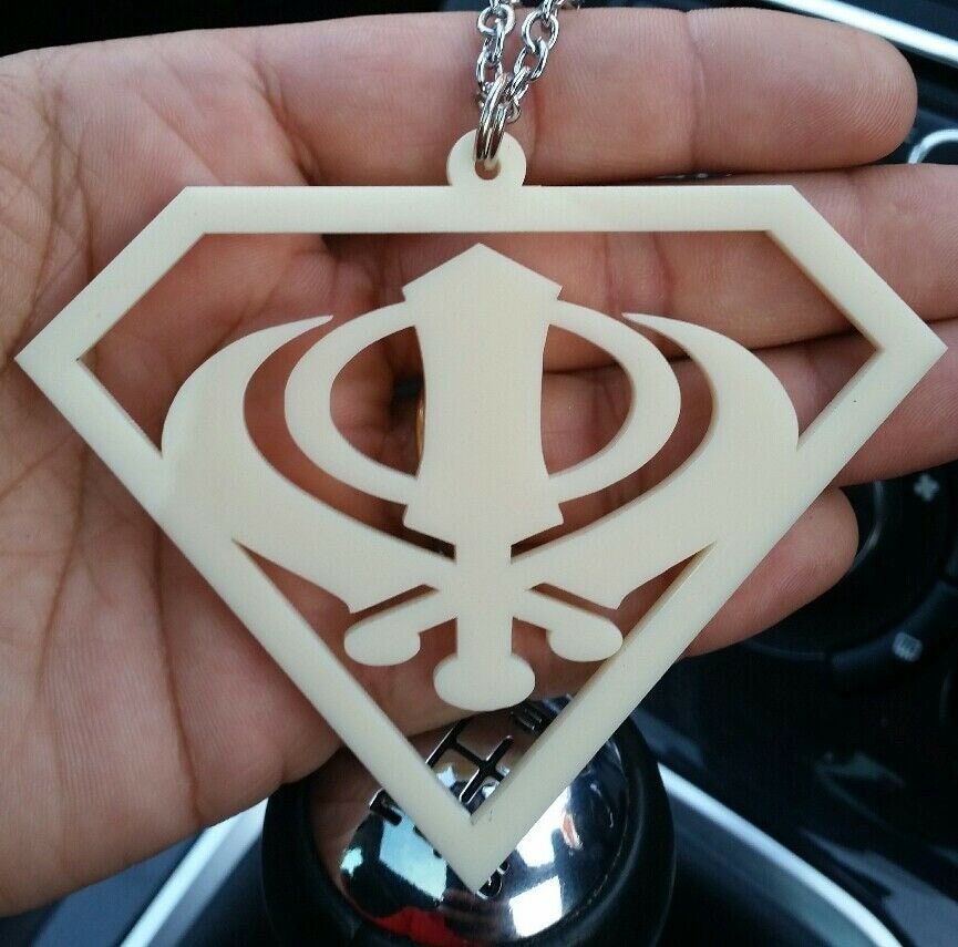 Cream acrylic khanda punjabi sikh singh kaur pendant car mirror hanging chain ss