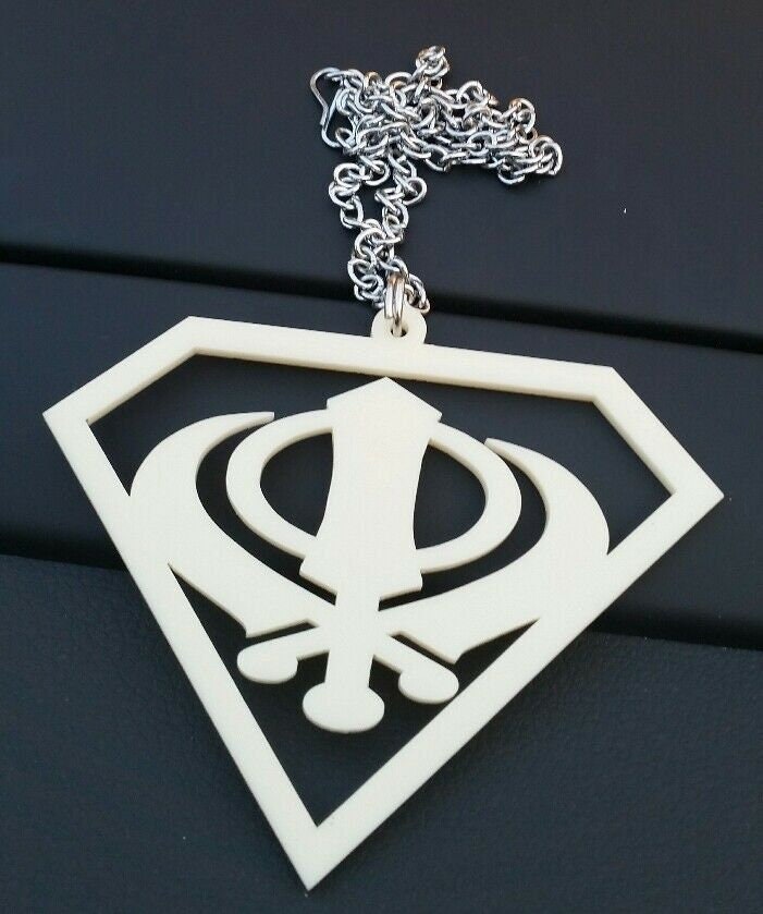 Cream acrylic khanda punjabi sikh singh kaur pendant car mirror hanging chain ss