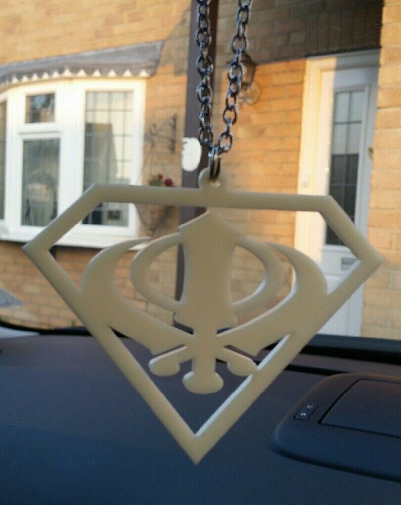 Cream acrylic khanda punjabi sikh singh kaur pendant car mirror hanging chain ss