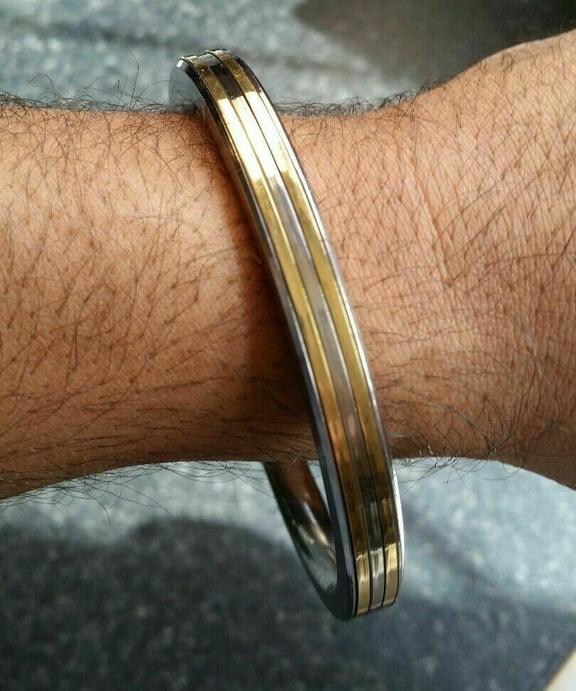 Stunning stainless steel two brass lines smooth plain gold affect sikh kara zz5