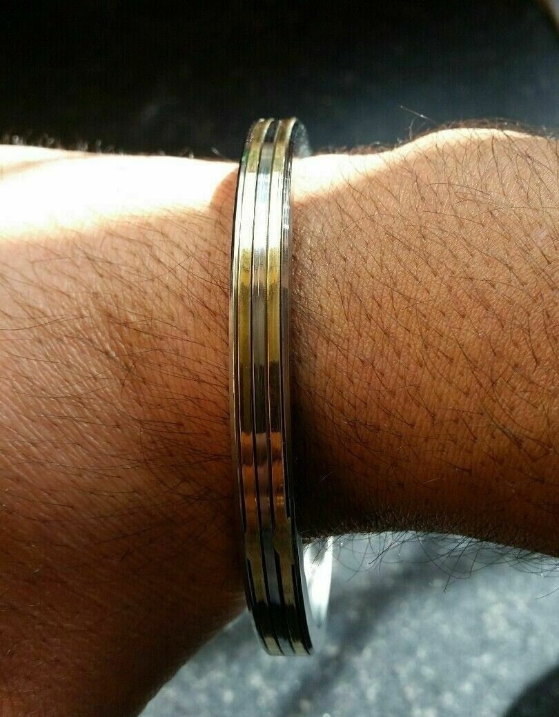 Stunning stainless steel two brass lines smooth plain gold affect sikh kara zz5