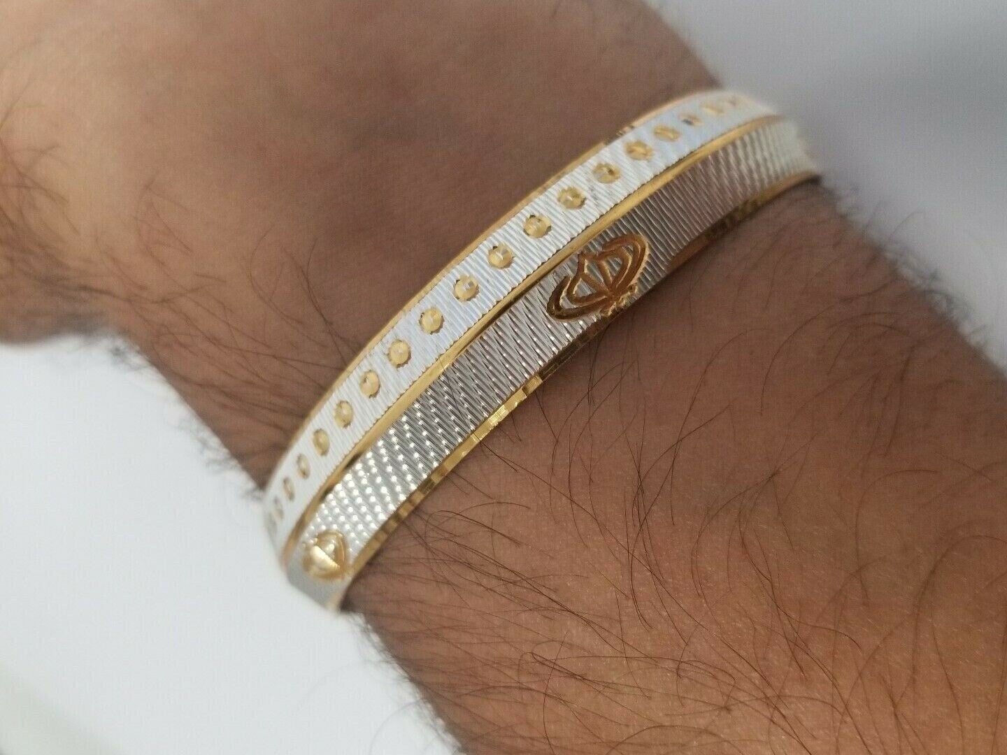 Khanda Kara Two Tone Silver Gold Plated Kada Sikh Singh Kaur Khalsa Bangle U