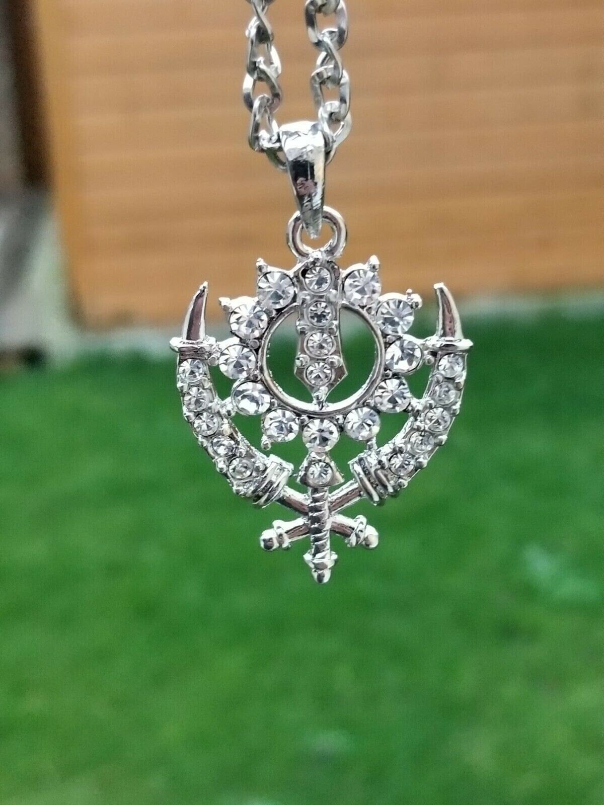 Small steel punjabi sikh khanda pendant - stunning rhinestones - ideal sikh gift