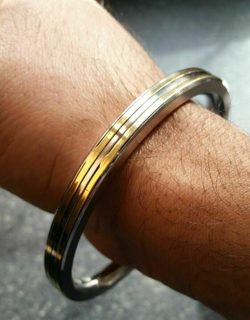 Stunning stainless steel two brass lines smooth plain gold affect sikh kara zz5