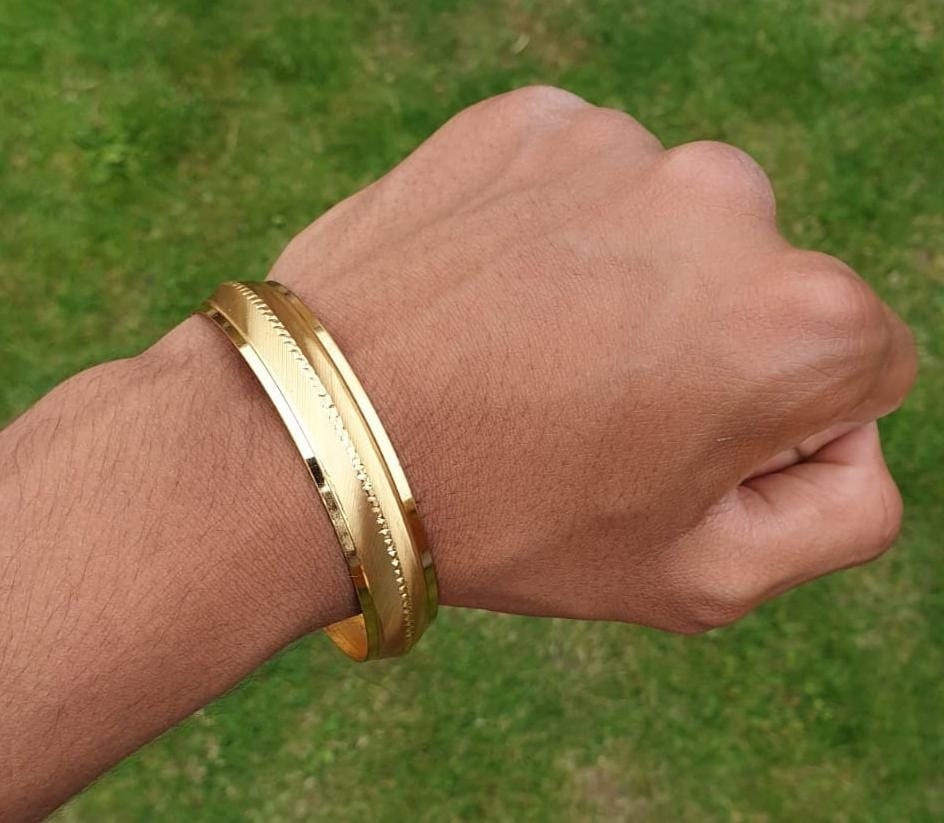 Gold Plated Sikh Kara Singh Kaur ridged edge Bangle 22ct Gold Look Kada J10 New