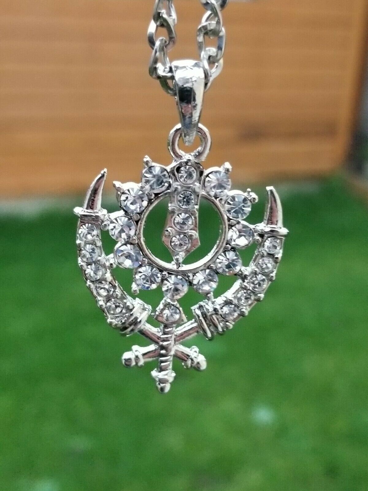 Small steel punjabi sikh khanda pendant - stunning rhinestones - ideal sikh gift