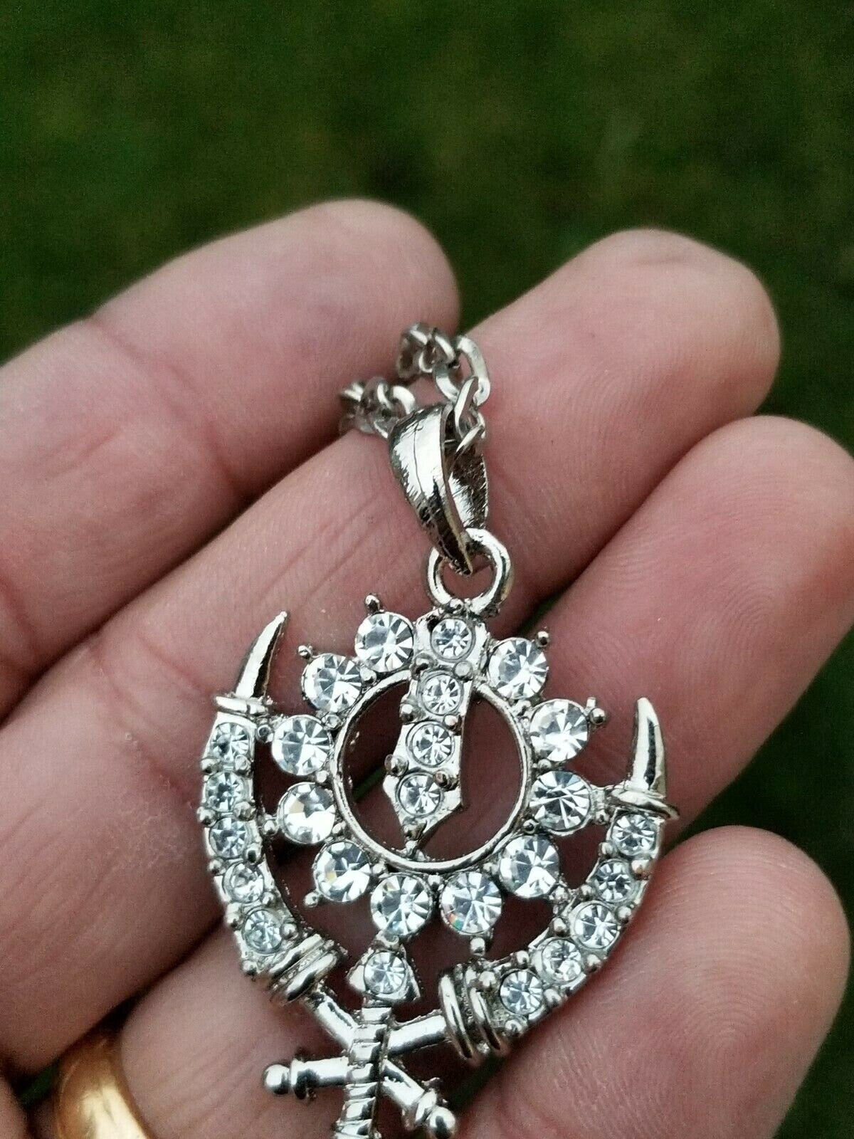 Small steel punjabi sikh khanda pendant - stunning rhinestones - ideal sikh gift